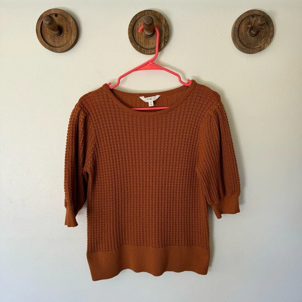 Time and tru burnt orange puff sleeve crochet knit short sleeve sweater OX/ 14 W - Picture 2 of 8